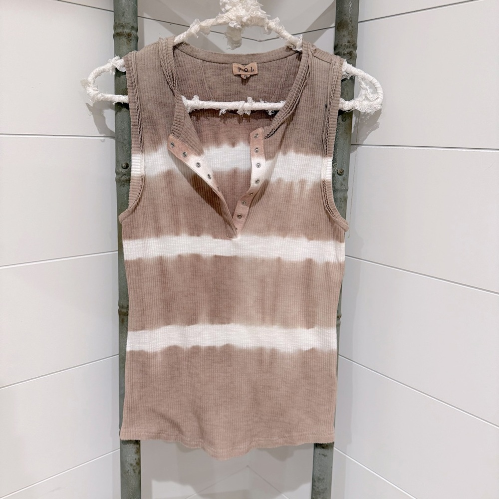 POL Taupe and White Striped Ribbed Tank Top